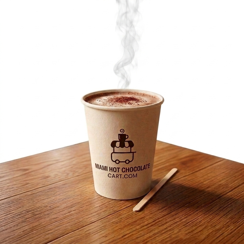 Branded hot chocolate cup from Miami Hot Chocolate Cart styled for a brand activation