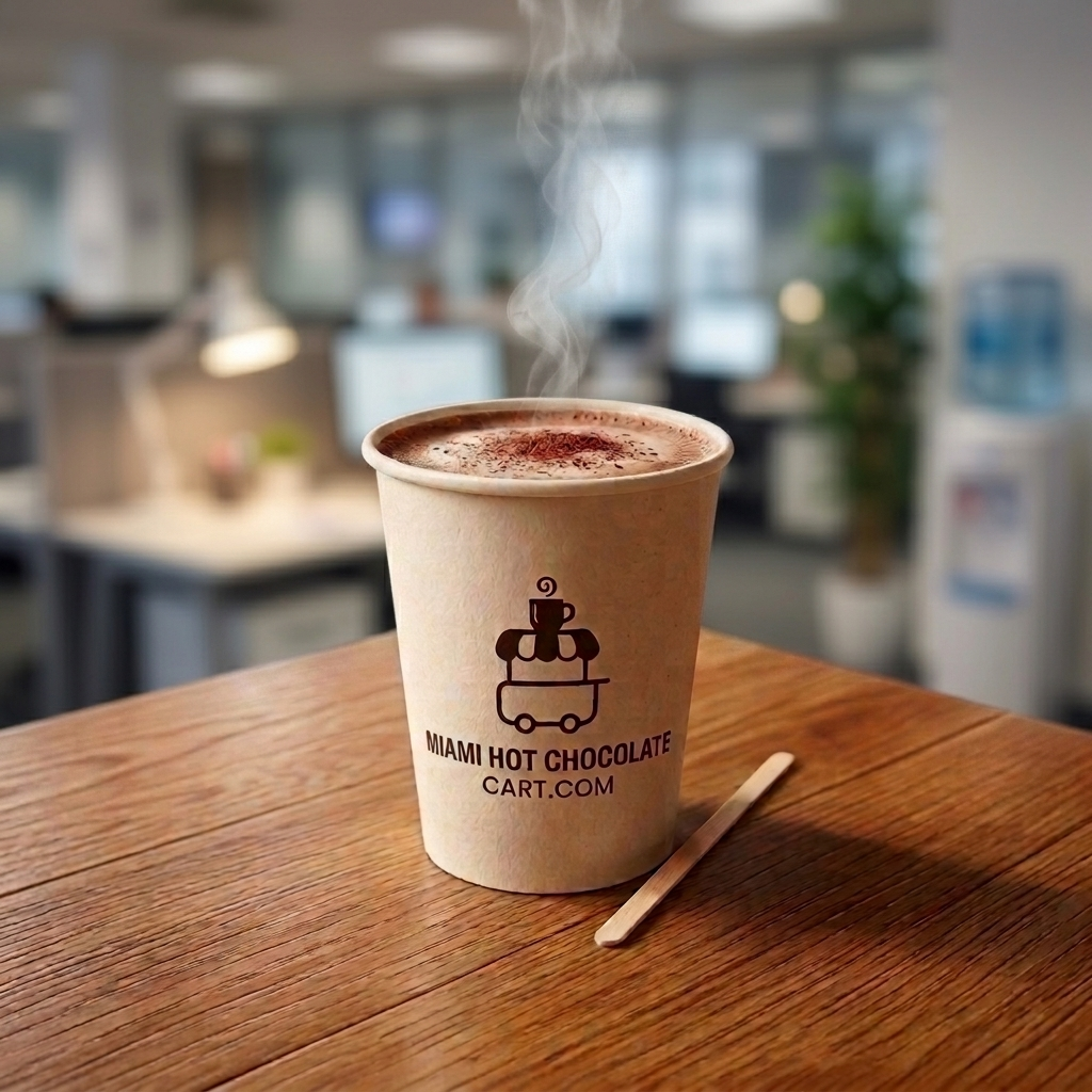Hot chocolate served on a desk at a corporate office in Miami