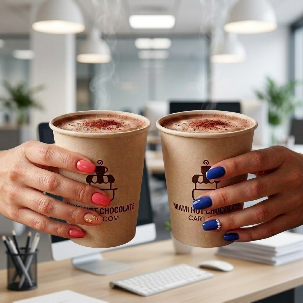 Two hot chocolates from Miami Hot Chocolate Cart held up in an office setting
