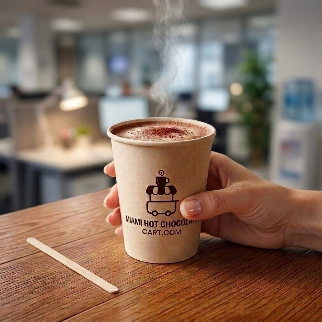 Attendee holding a hot chocolate from Miami Hot Chocolate Cart at a trade show booth