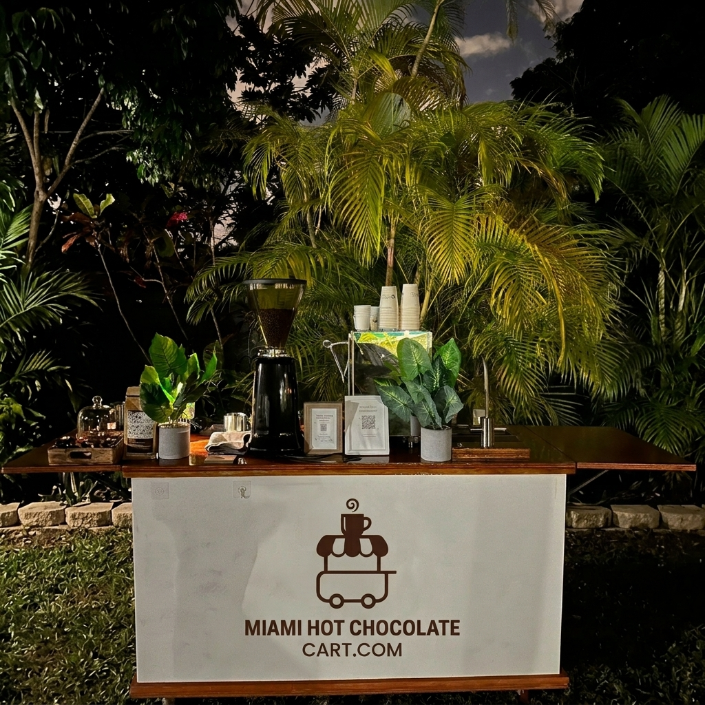 Miami Hot Chocolate Cart set up outdoors in the evening for a wedding reception